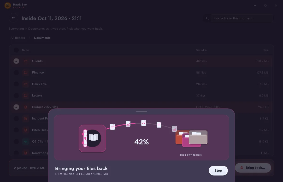 Bringing your files back: files stream from the vault to their folders, 42 percent.