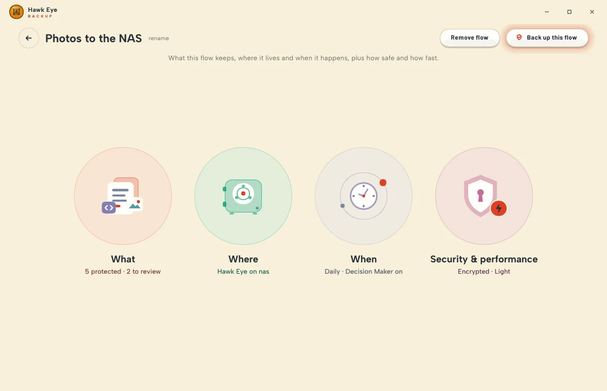 A flow's hub: four circles, What, Where, When, and Security and performance, each with its status.
