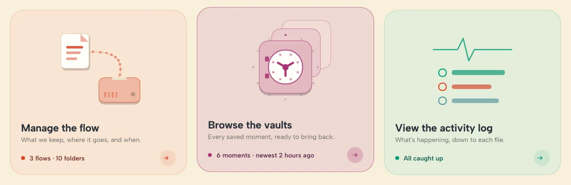 Browse the vaults, with the vault dial turning and the moments fanning out.